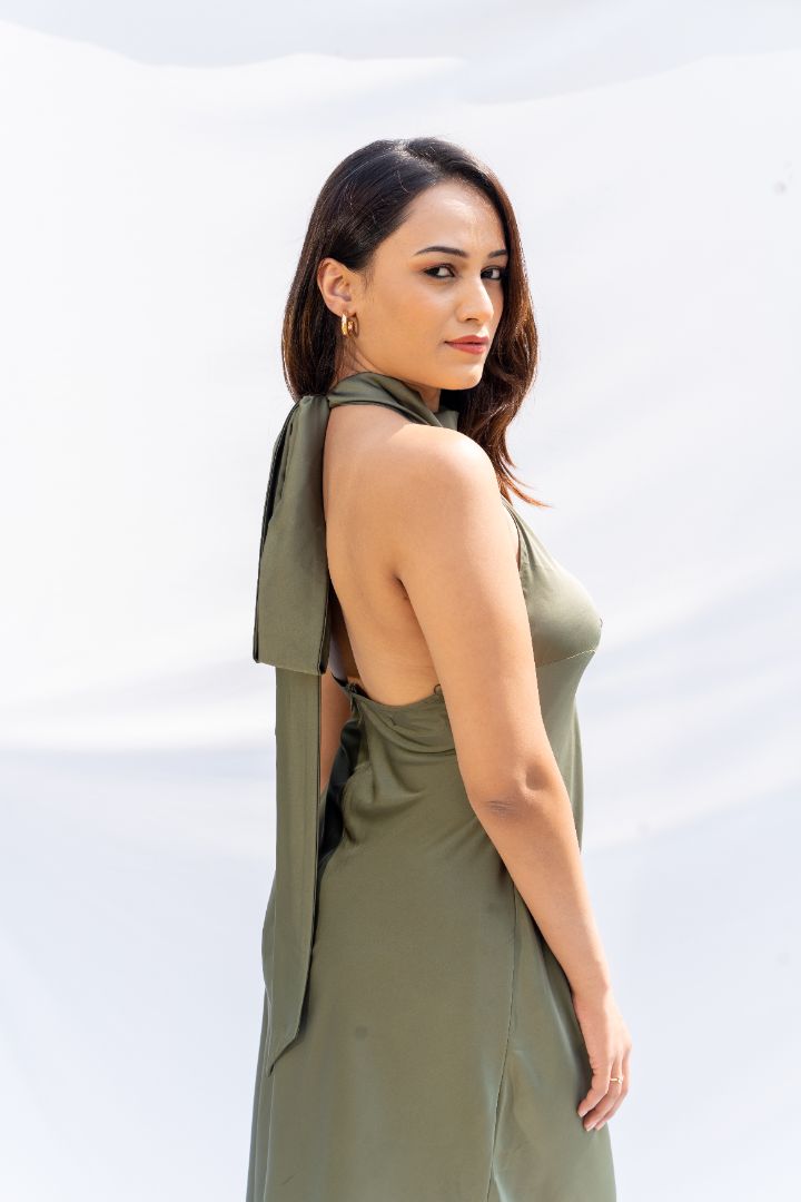 Green Satin Halter Neck Dress