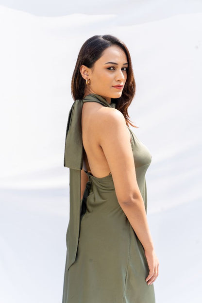 Green Satin Halter Neck Dress