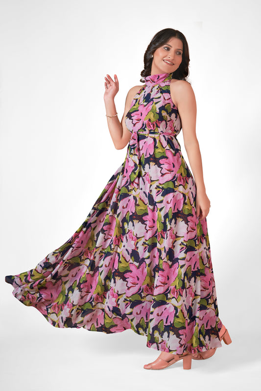 Floral Halter Neck Gown