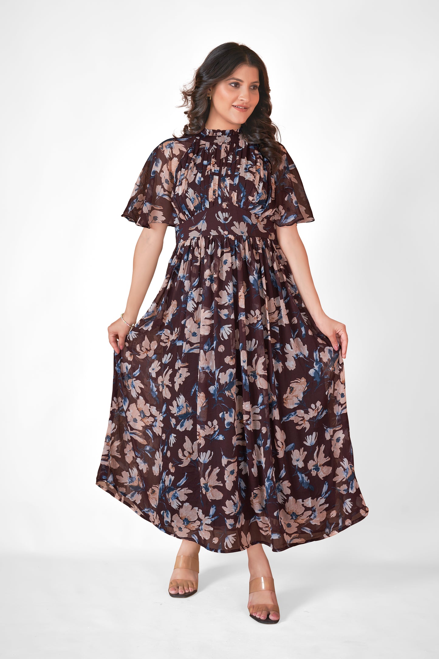 Brown Floral Folk Dress