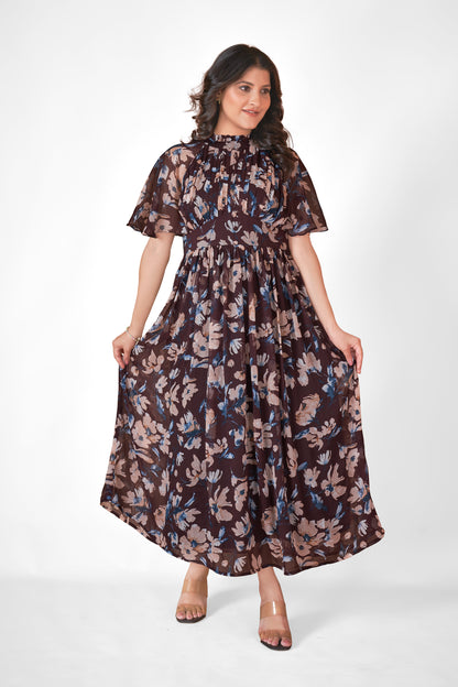 Brown Floral Folk Dress
