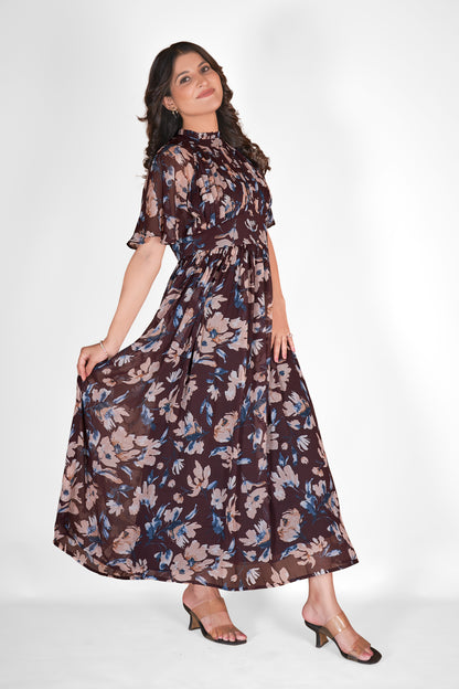 Brown Floral Folk Dress