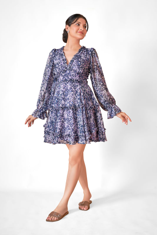 Purple Chiffon Frilled Short Dress