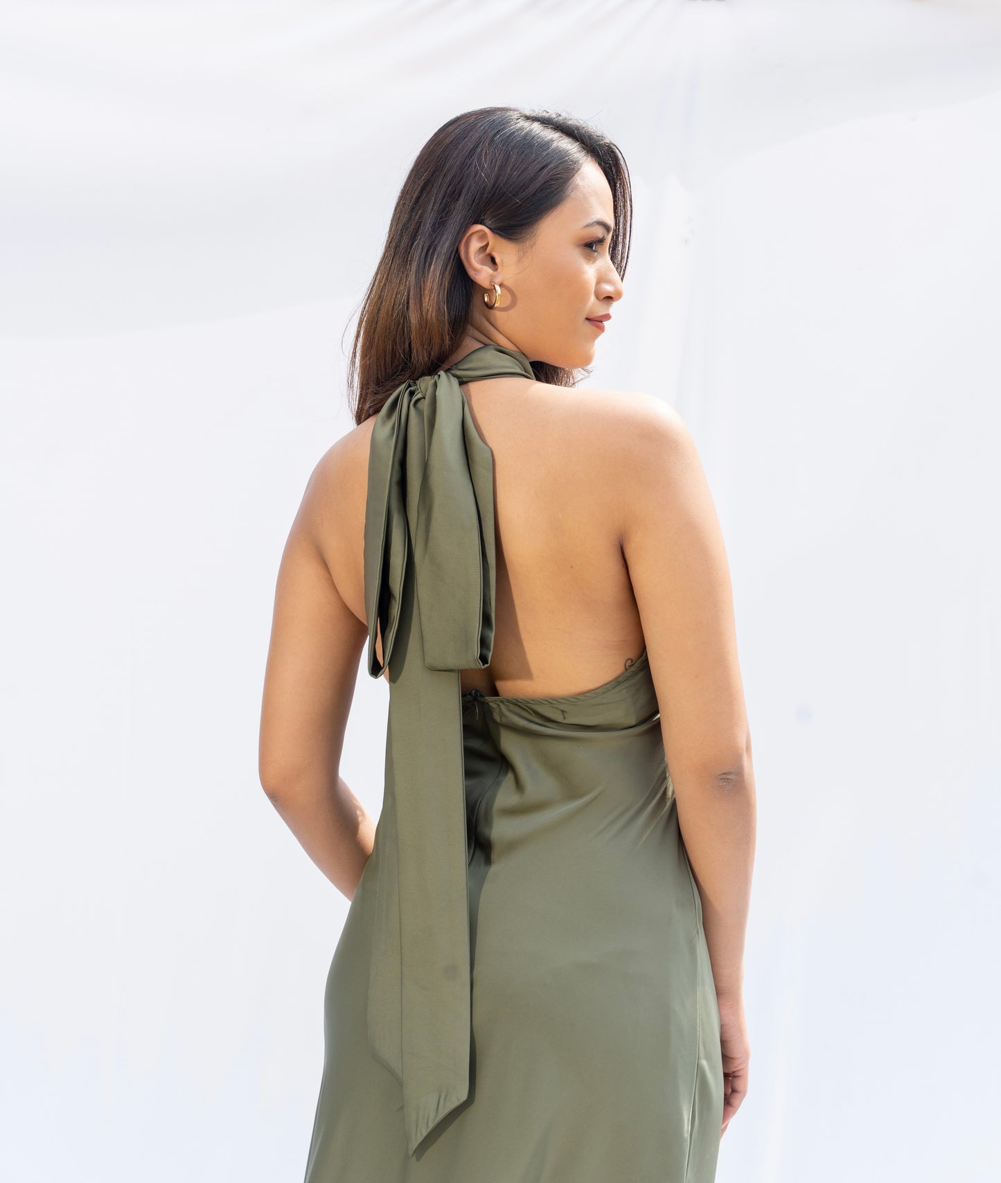 Green Satin Halter Neck Dress