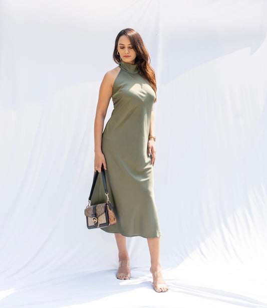 Green Satin Halter Neck Dress