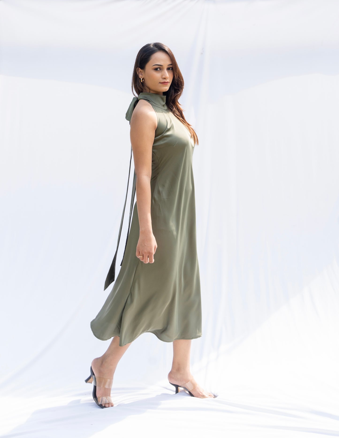Green Satin Halter Neck Dress
