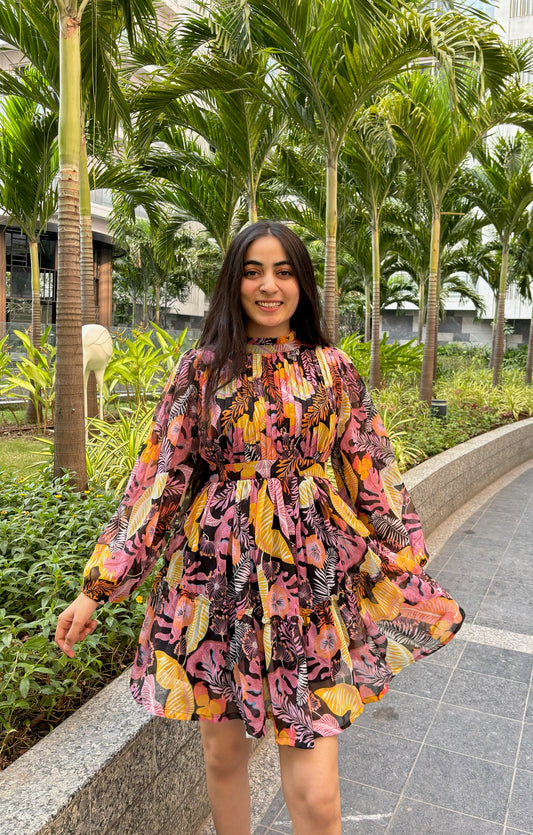 Floral Pleated V-cut Dress