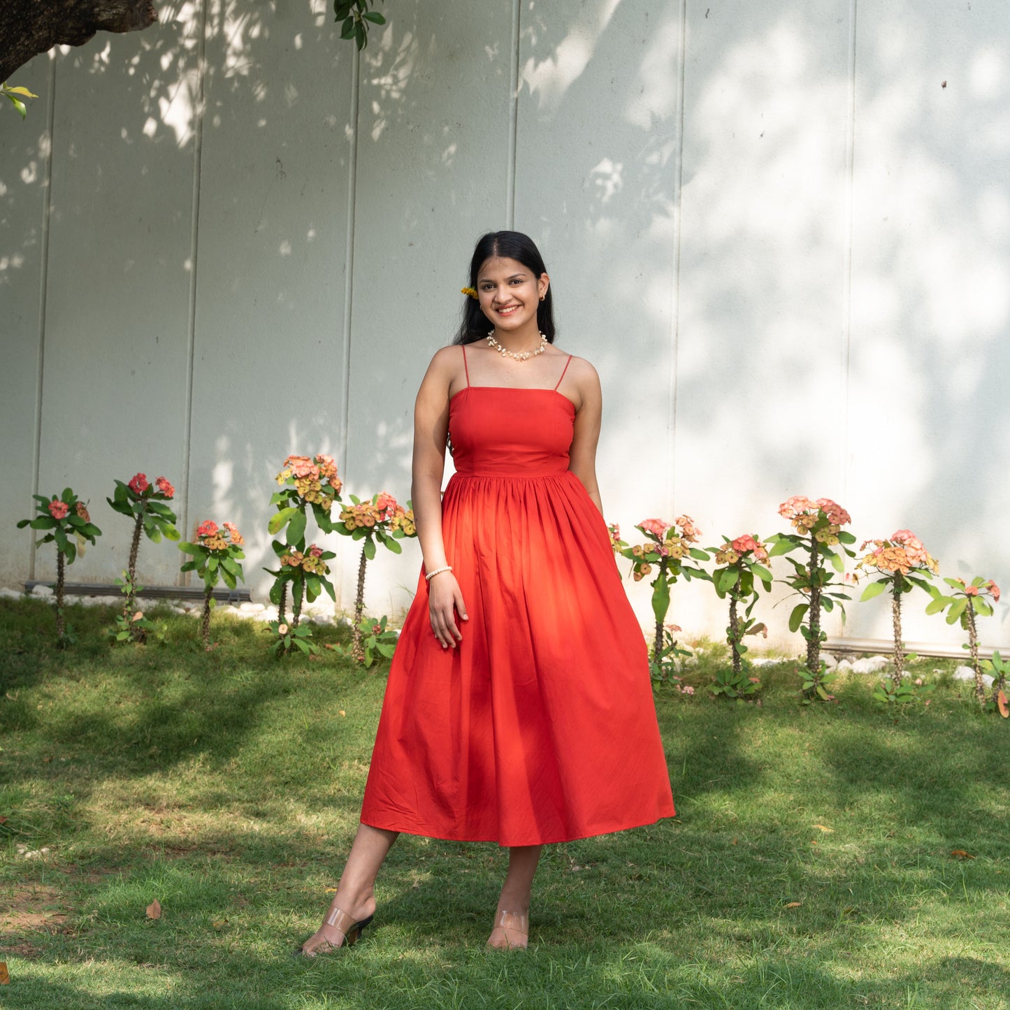 Red Cotton Spaghetti Midi Dress