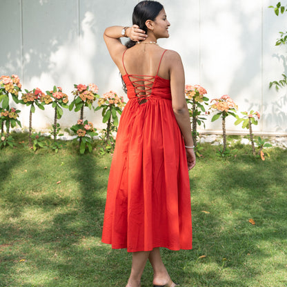 Red Cotton Spaghetti Midi Dress