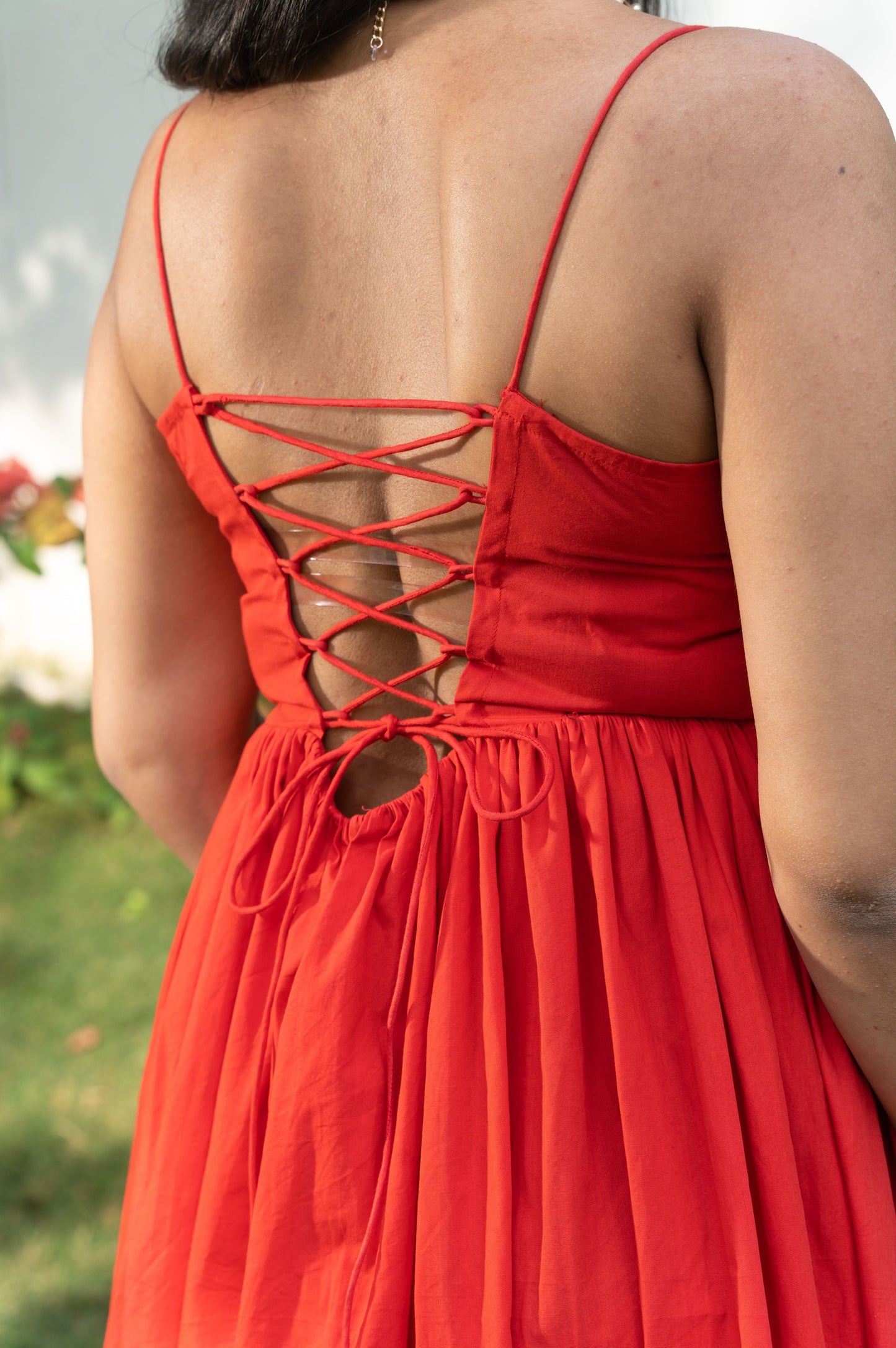 Red Cotton Spaghetti Midi Dress