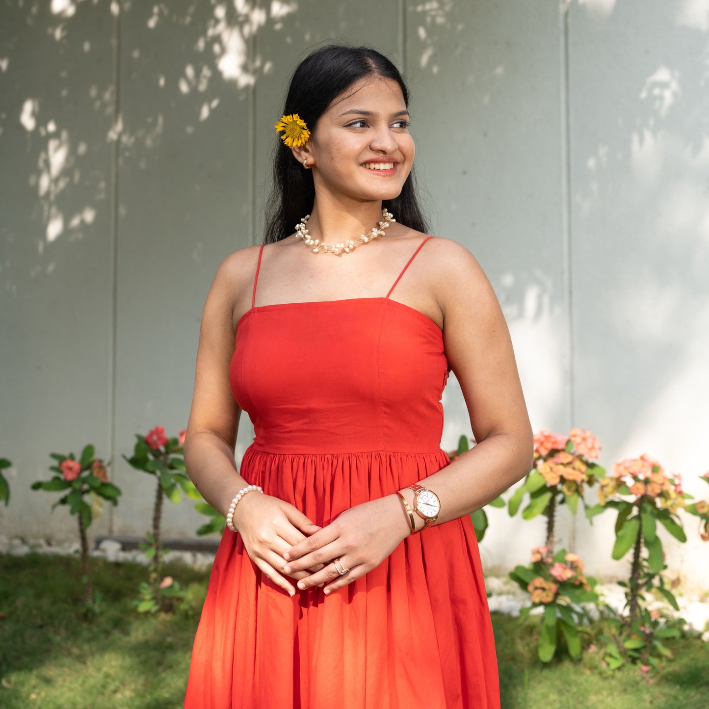Red Cotton Spaghetti Midi Dress