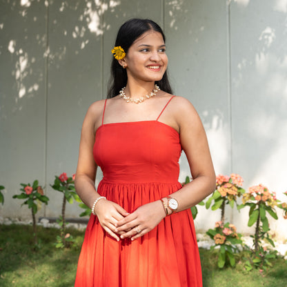 Red Cotton Spaghetti Midi Dress