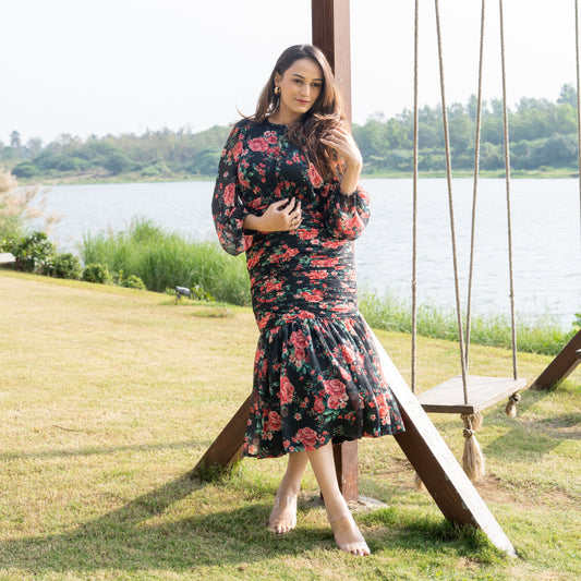 Rosy Floral Pleated Midi Dress