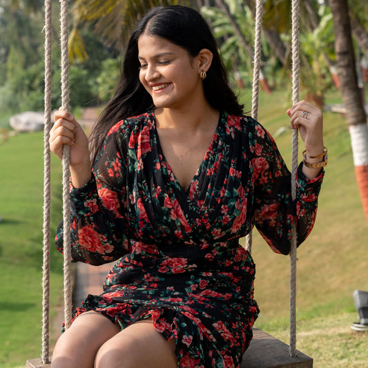 Rosy Floral Pleated Short Dress