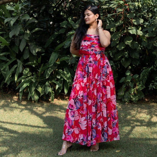 Floral Pleated Cut-out Maxi Dress
