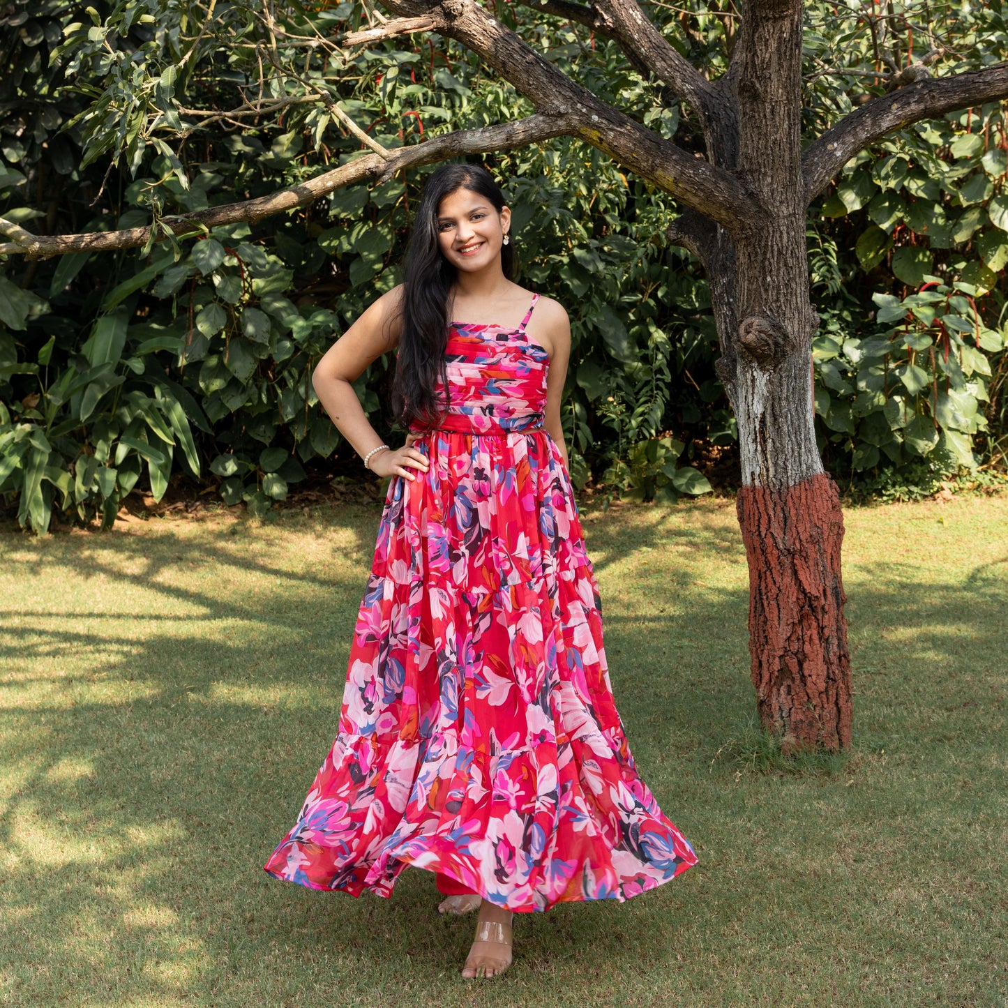 Floral Pleated Cut-out Maxi Dress