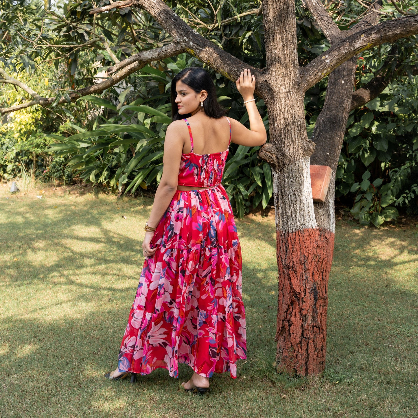 Floral Pleated Cut-out Maxi Dress