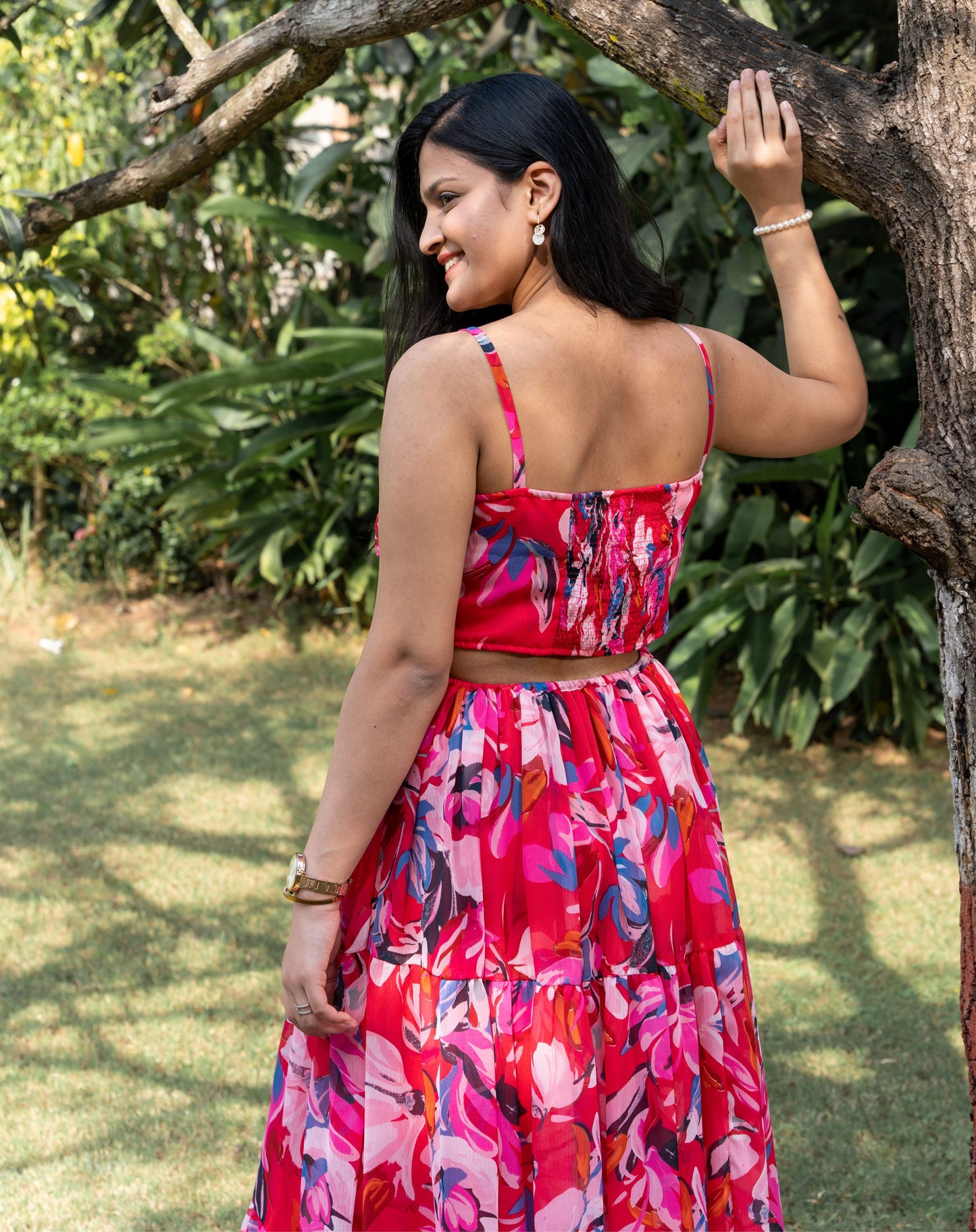 Floral Pleated Cut-out Maxi Dress