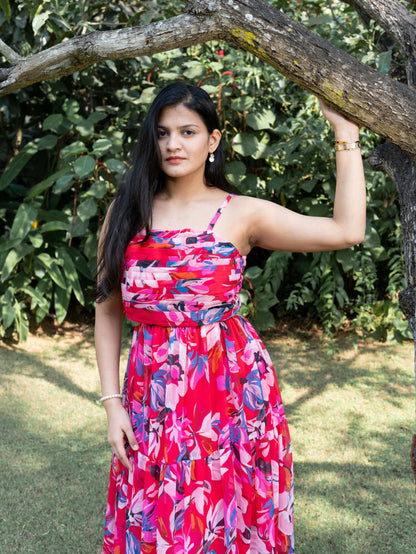 Floral Pleated Cut-out Maxi Dress